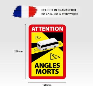 Toter Winkel Attention Angles Morts Aufkleber - 3 STK, 17 x 25 cm -Totwinkel Aufkleber LKW, Bus und Wohnmobil Frankreich - Bremssattel-Aufkleber